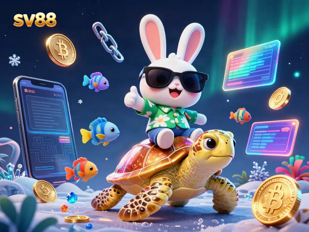 Engage in thrilling gaming adventures at sv88 with a vibrant rabbit and turtle in a fantasy underwater casino world.