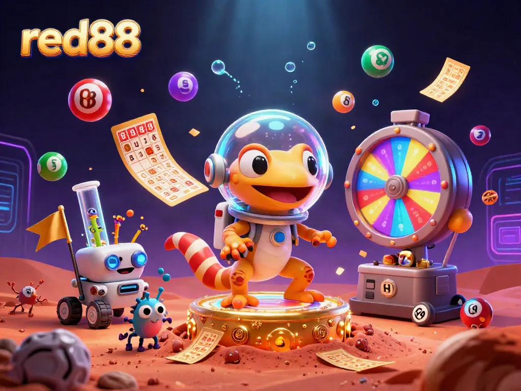 Experience the thrill of red88 with a cartoon Martian gecko discovering a golden casino amidst colorful lottery elements.