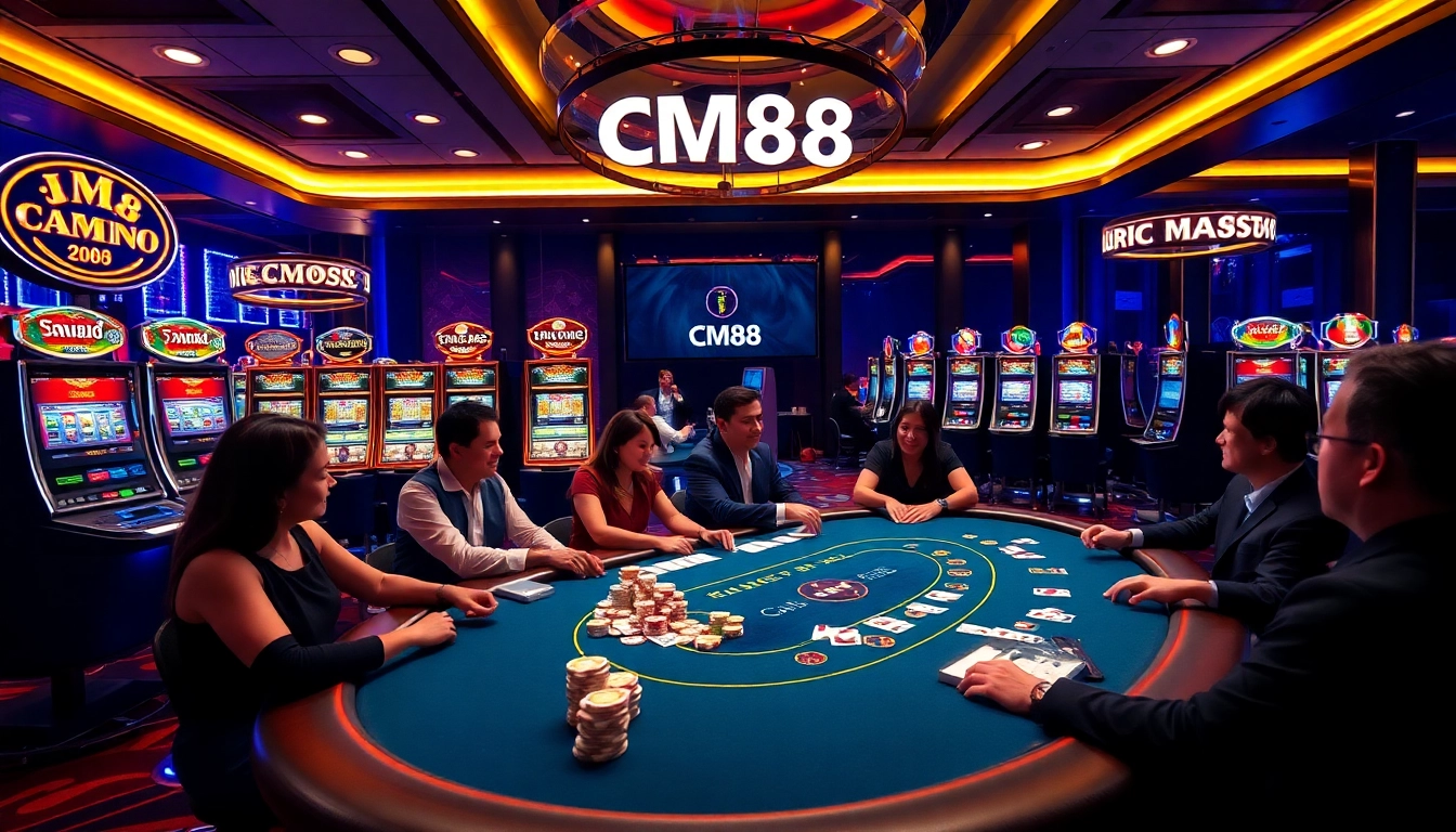 Players engaging in thrilling CM88 casino games with vibrant poker chips and exciting atmosphere.