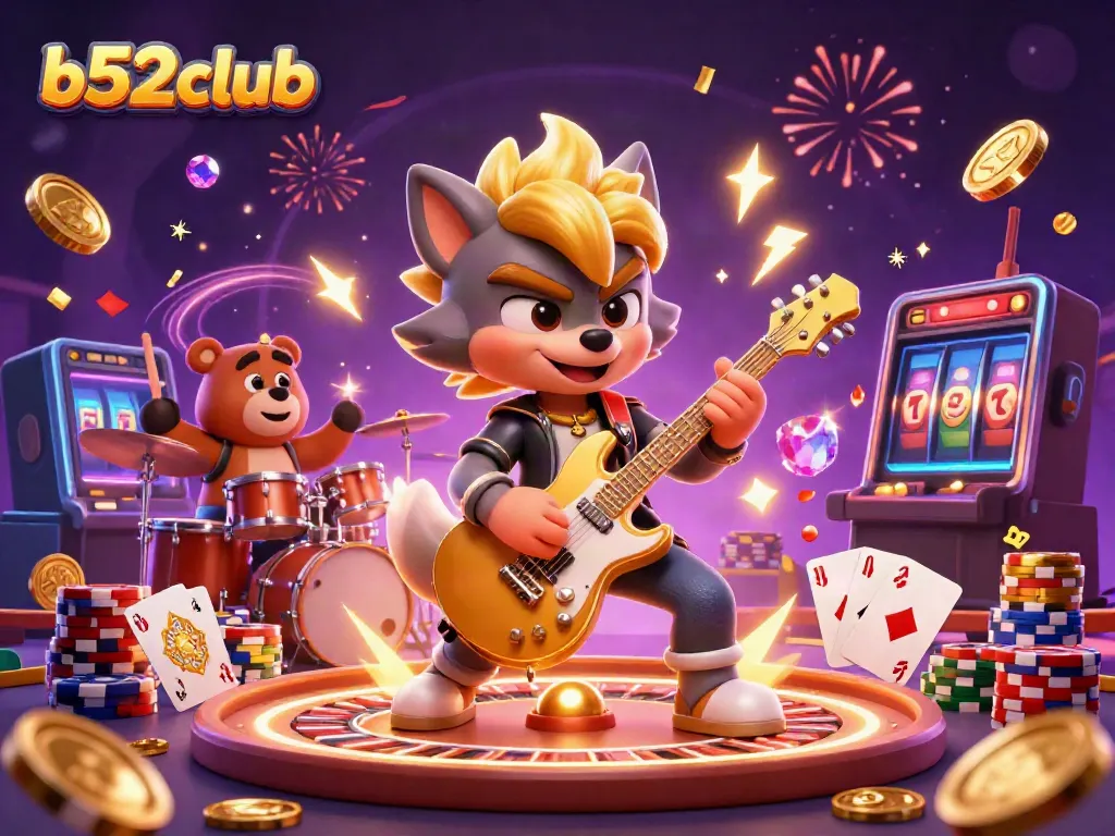 Experience thrilling action at b52club with a rock star wolf performing on stage, surrounded by casino elements.
