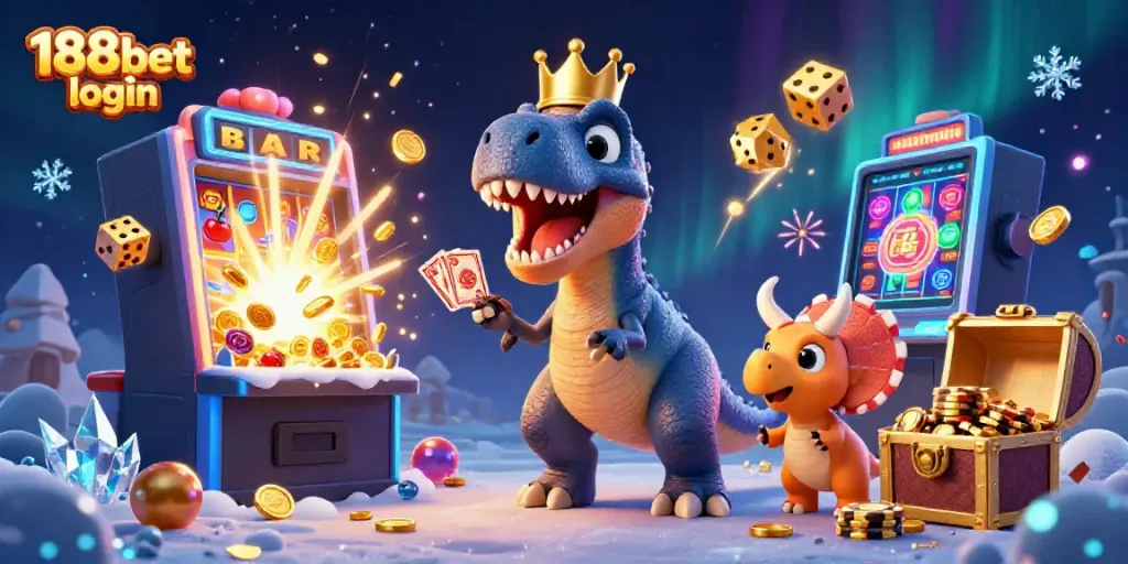 Engage with 188bet login in an exciting casino scene featuring a T-Rex and friends amidst a jackpot explosion.