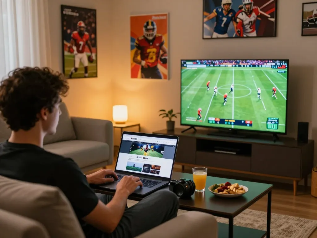 Socolive sports betting action with a laptop setup showing live matches and cozy home ambiance.