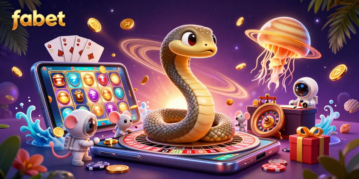 Experience fabet's cosmic casino with astronaut mice and a roulette ring snake in a vibrant setting.