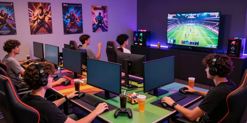 Friends enjoying rokok88 gaming session in a vibrant lounge with snacks and neon lights.