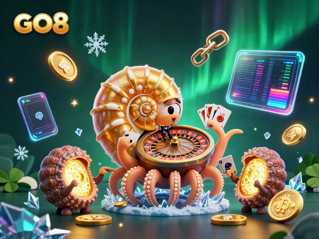 Engage in gaming action with the GO8 nautilus, featuring a glowing roulette wheel and vibrant crypto elements.
