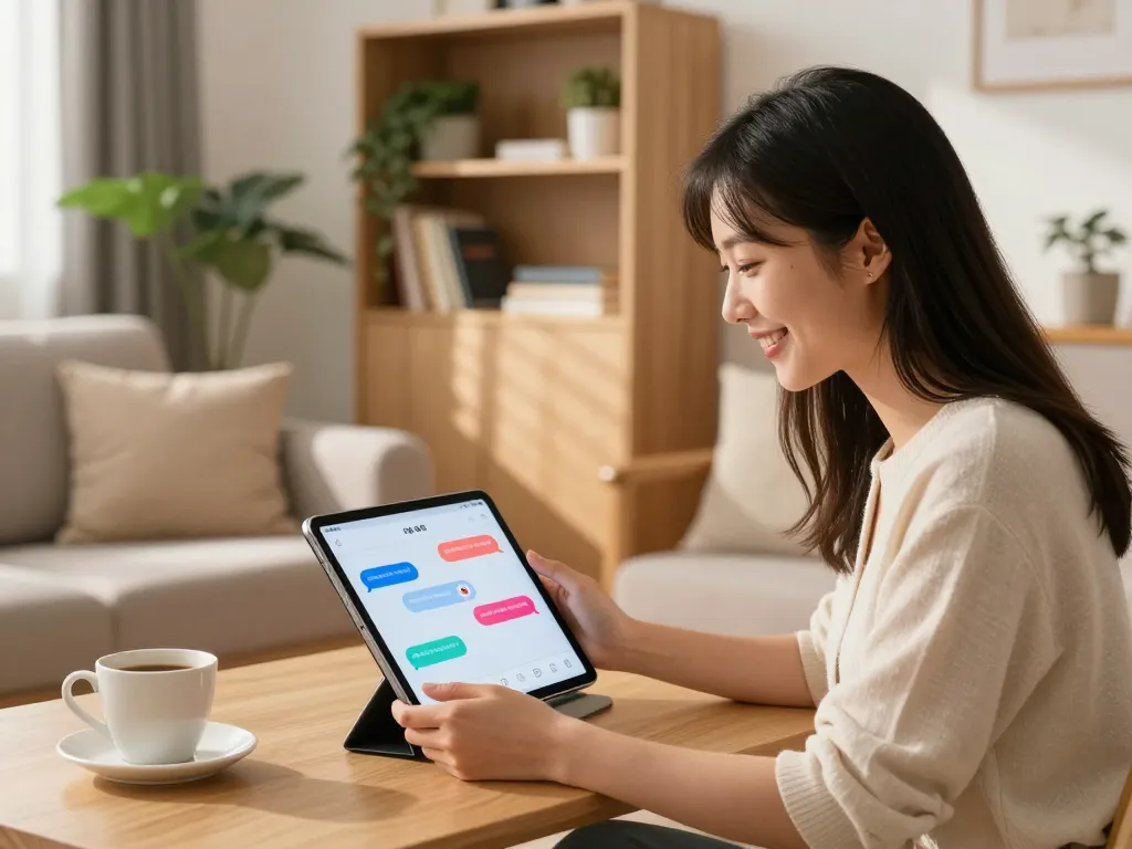 Young woman interacting with her girlfriend AI app in a cozy home office, showcasing personal connection.