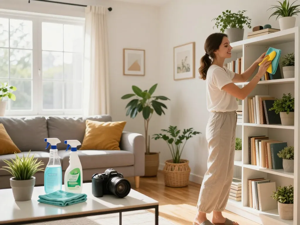 Bright home cleaning scene with a woman dusting shelves using eco-friendly products, emphasizing a clean and inviting atmosphere.