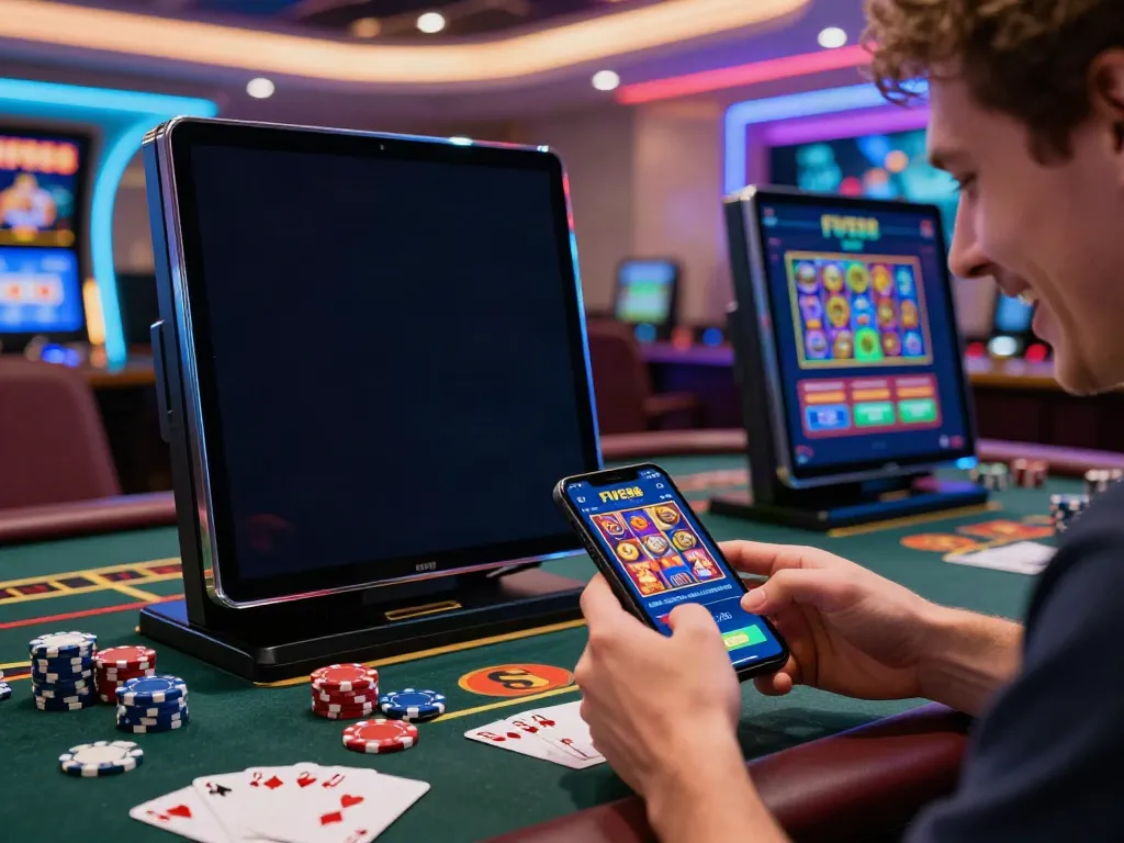 FIVE88 betting app interface on smartphone with casino elements showcasing online gambling excitement.