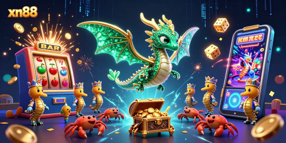 Experience excitement at xn88 with a spectacular sea dragon amidst slot machines and treasure.