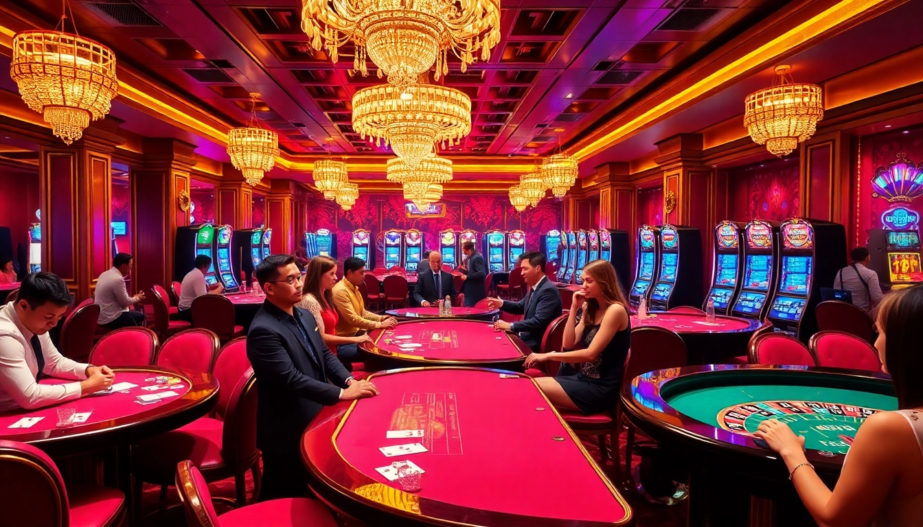 Exciting casino scene at 789club featuring vibrant poker tables and lively players immersed in gambling action.
