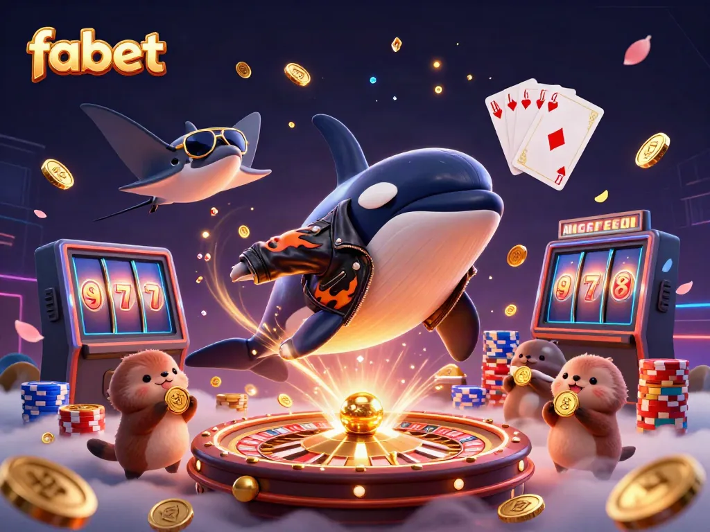 Experience fabet's thrilling gaming with a vibrant orca, stingray, and sea otters amidst casino elements.