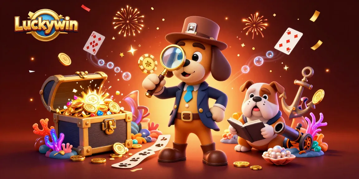 Luckywin promotes gaming excitement, highlighting a detective cartoon exploring a poker chip clue amidst treasures.