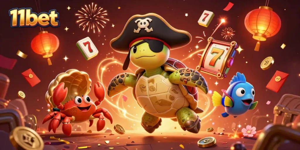 Engage with thrilling 11bet slot games featuring a cartoon pirate turtle and a treasure scene.