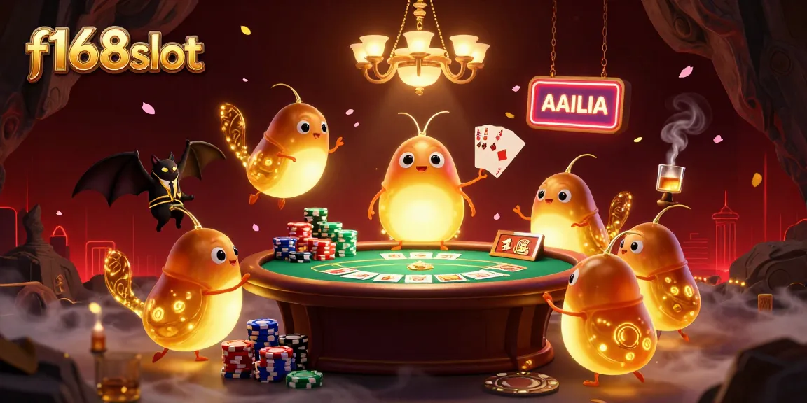 Experience the excitement of f168slot with glowworms illuminating a vibrant cave casino scene, showcasing poker action and details.