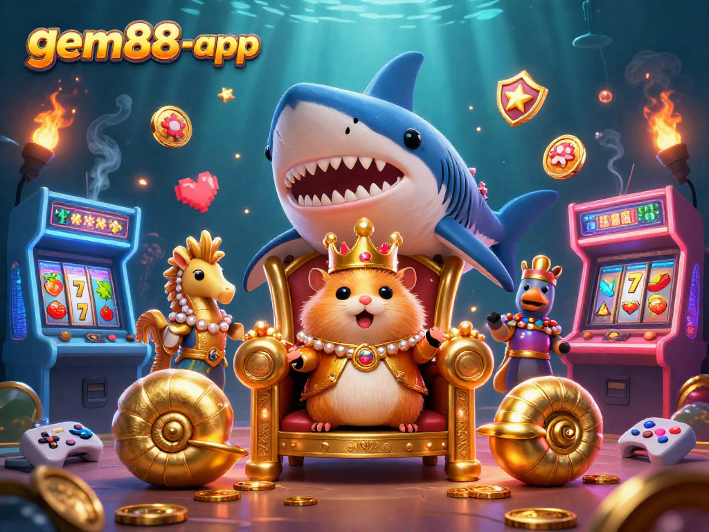 Experience the thrill of winning with the gem88-app, featuring a golden hamster king amidst vibrant casino elements.