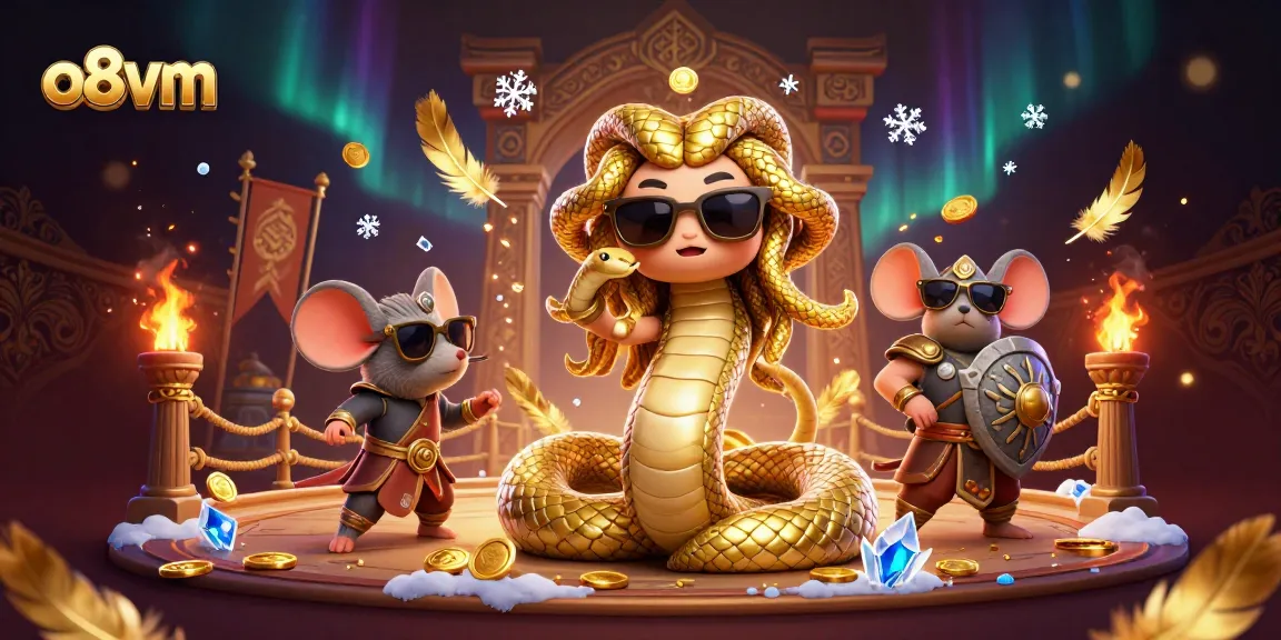 Engage in exciting gaming action with o8vm, featuring Medusa and various casino elements in a vibrant scene.