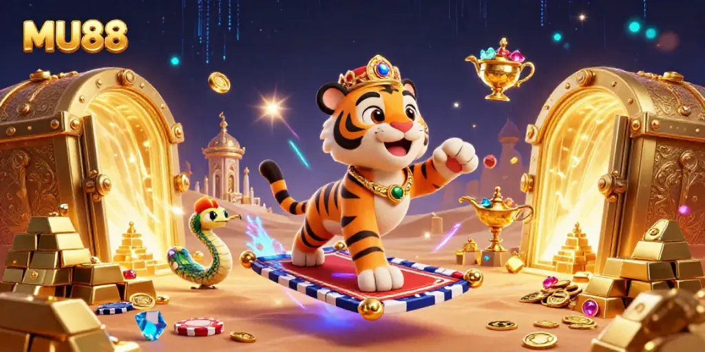 Engage with MU88's vibrant online casino experience featuring a sultan, magic lamp, and gold treasures.