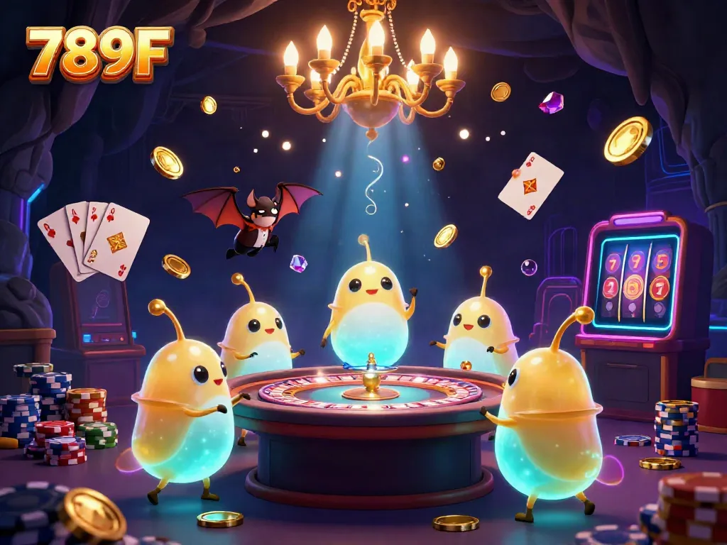 Join the thrilling action at 789F, a vibrant casino scene illuminated by glowing characters and dynamic games.
