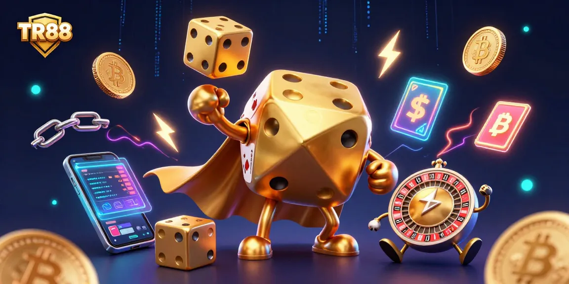 Juggle golden dice at TR88 with vibrant cryptocurrencies and electrifying casino elements all around.