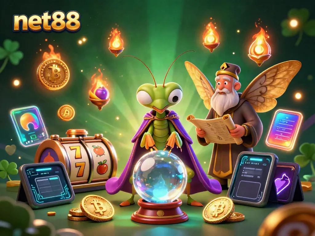 Experience the thrilling atmosphere of net88 with slots and a mystical fortune teller in a vibrant digital realm.