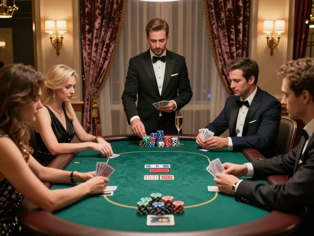 Tg88 VIP poker players strategizing at an exclusive casino table, showcasing luxury and excitement.