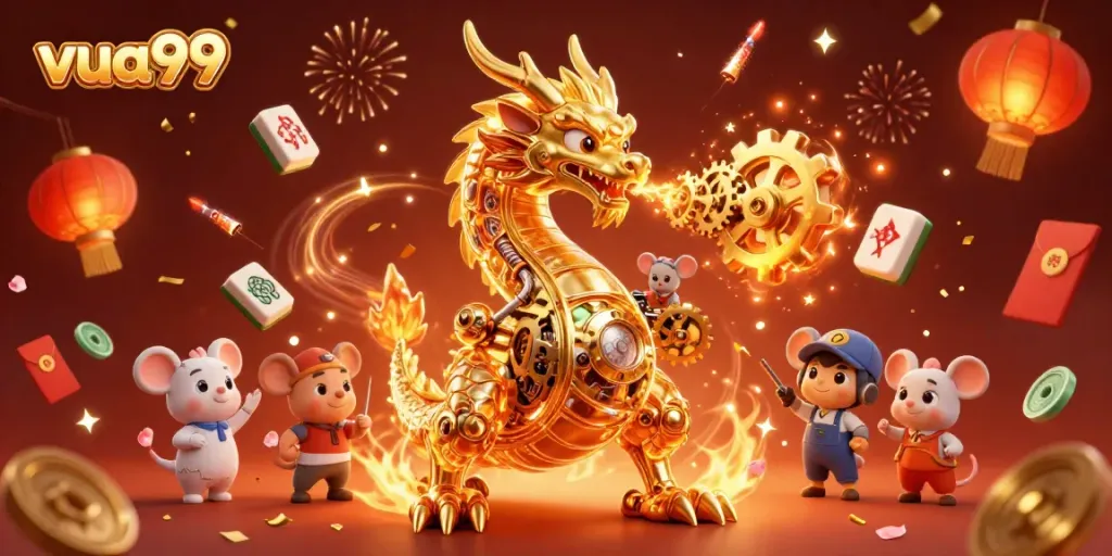 Experience the vibrant world of vua99 with a golden dragon and festive gambling elements.