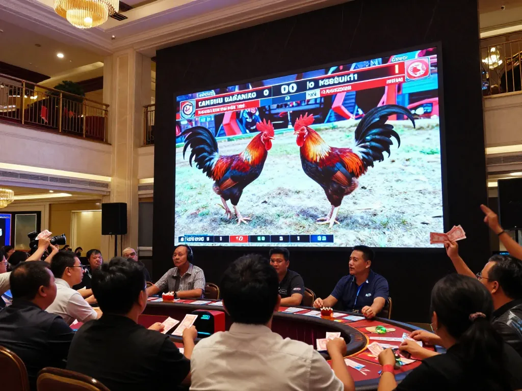 Witness the excitement of đá gà trực tiếp betting as spectators place bets on live rooster fights in a vibrant arena.