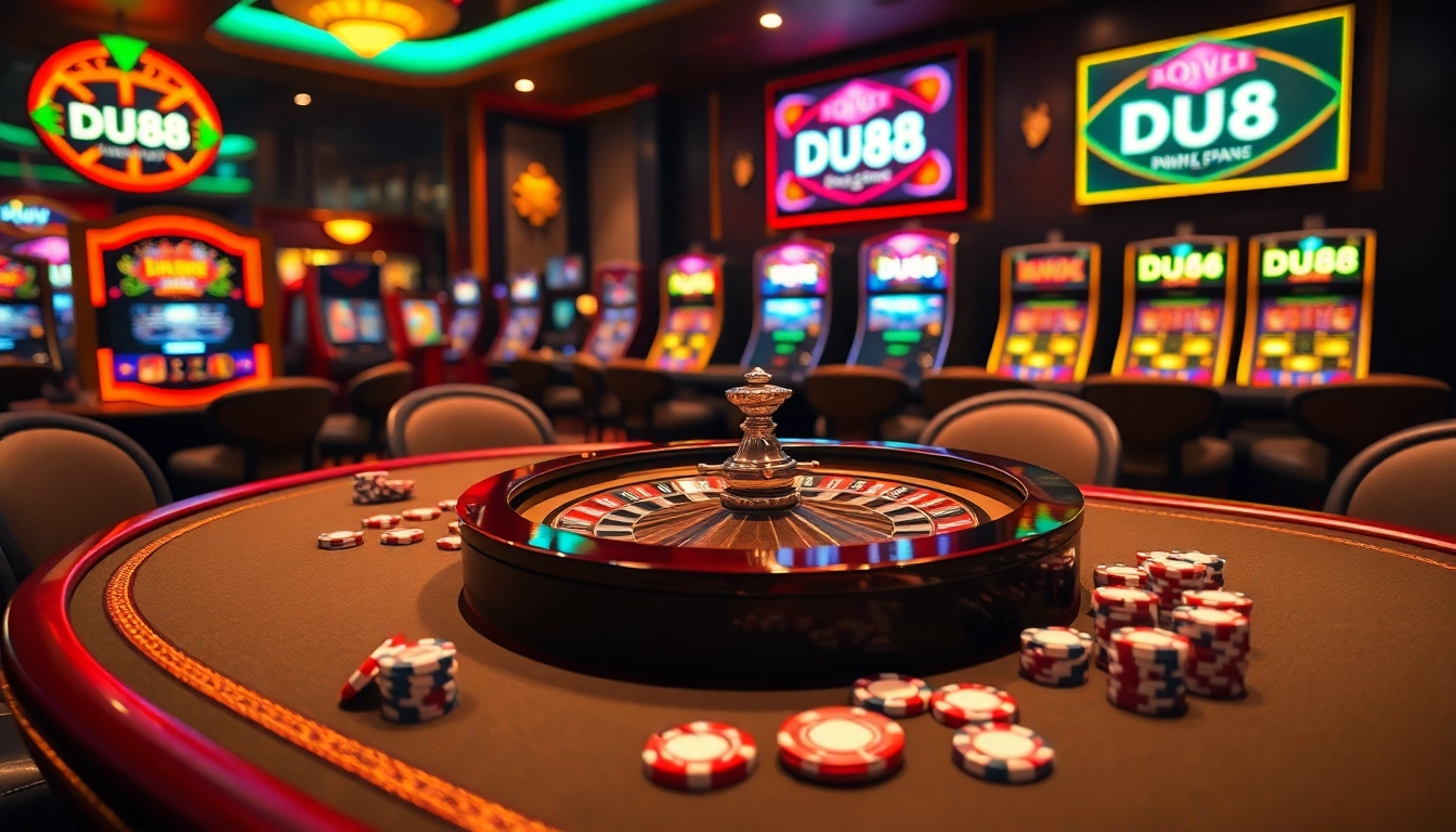 Experience the excitement of DU88 online gambling with a vibrant casino scene featuring roulette and poker.