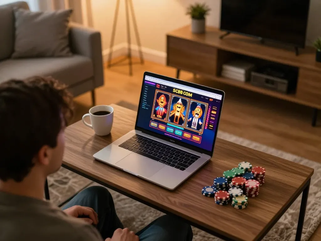 Engaging online slot gameplay at SC88 COM shows a cozy gaming setup.