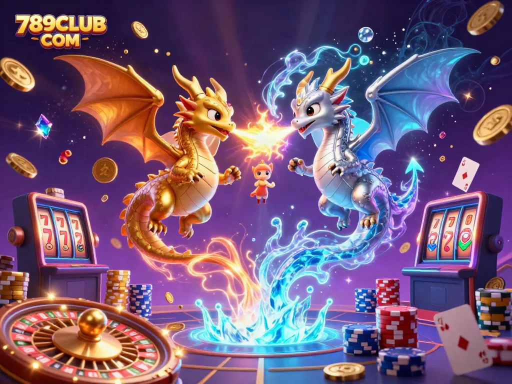 Engage with thrilling 789CLUB COM dragon battles amidst a cascade of coins and cards.
