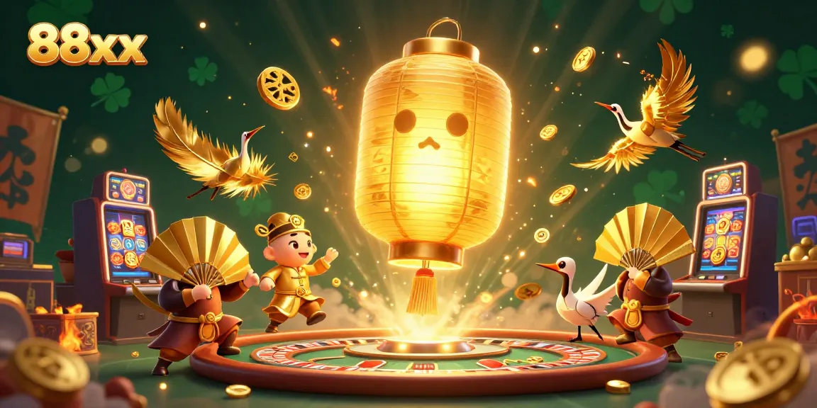 88xx players spin the slots at a vibrant casino with golden lanterns and dynamic gaming action.