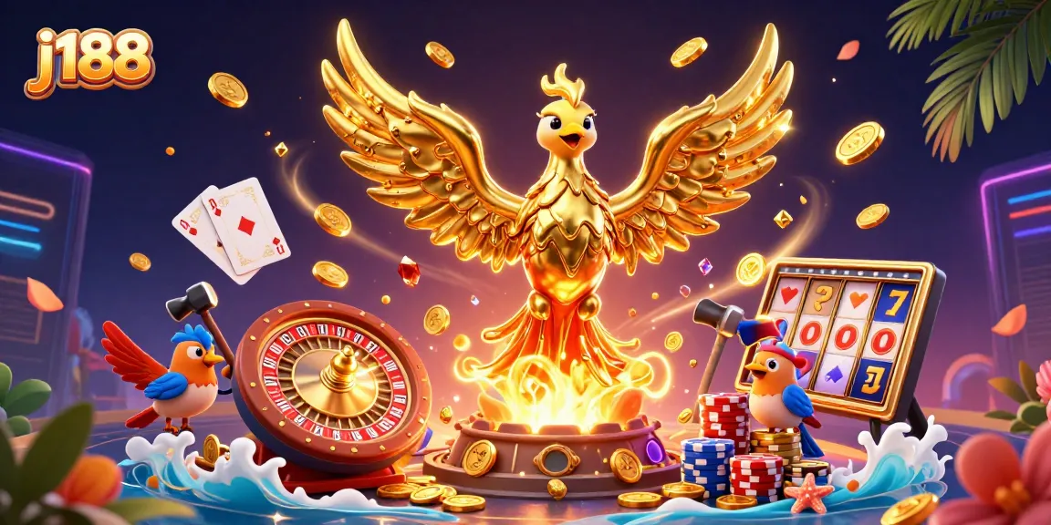 Win big with j188's captivating casino scene featuring a golden phoenix and dynamic gaming elements.
