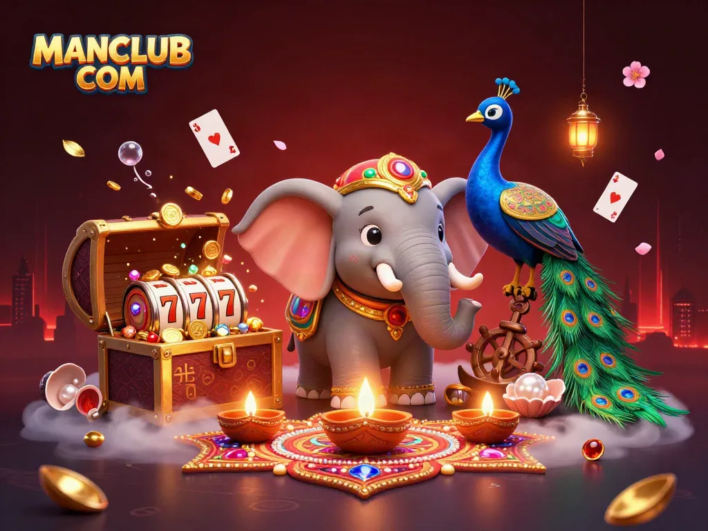 Play exciting games at MANCLUB COM, surrounded by vibrant casino elements and playful symbols.