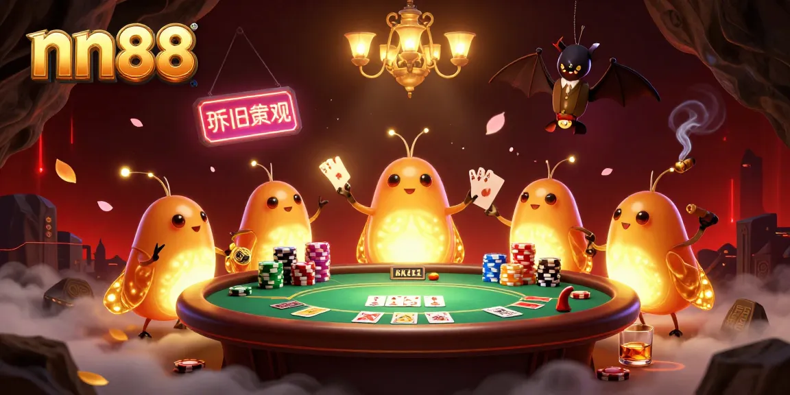 Engage with nn88's vibrant cave casino featuring glowworms, an energetic bat dealer, and lively poker action.