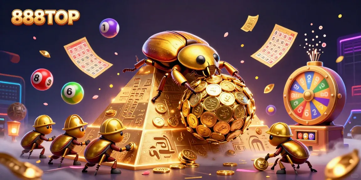 Engage with thrilling games at 888TOP, featuring a golden beetle rolling coins and exciting casino symbols.