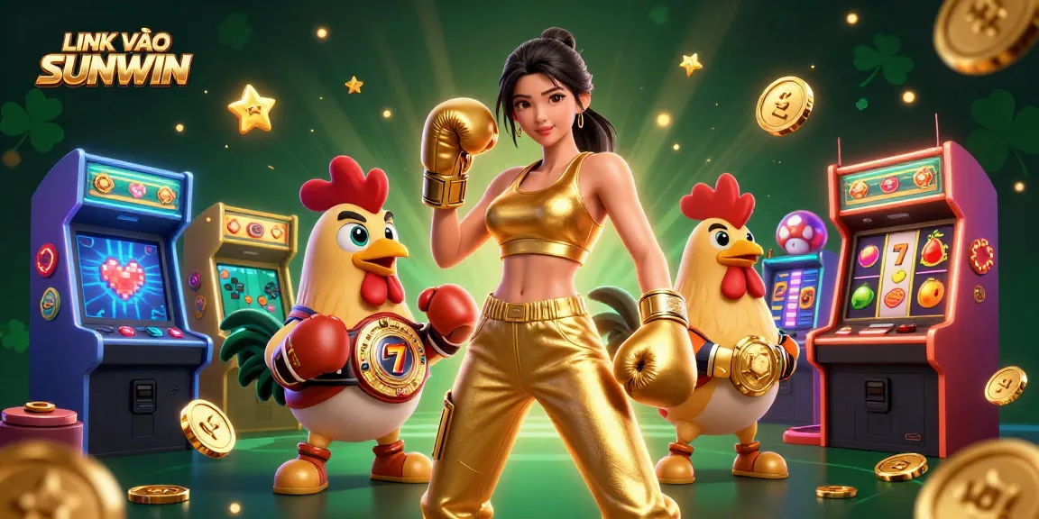 Engage with LINK VÀO SUNWIN through animated slot reels and gaming characters, capturing a vibrant casino atmosphere.