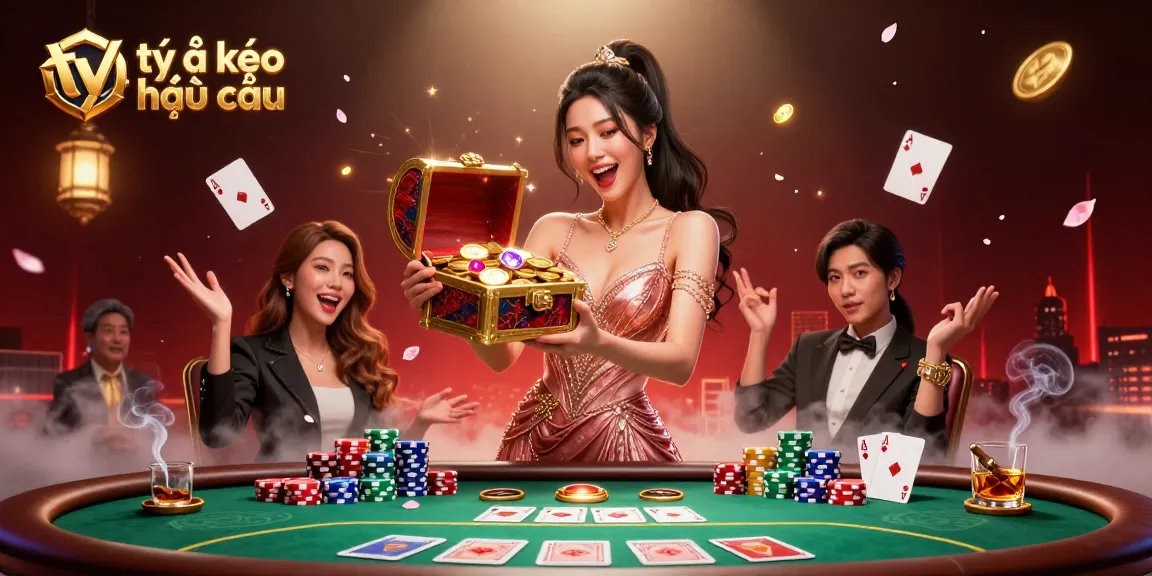 Tỷ lệ kèo nhà cái depicted in an exciting casino scene featuring a joyful Asian woman with treasure, poker elements, and dazzling lights.