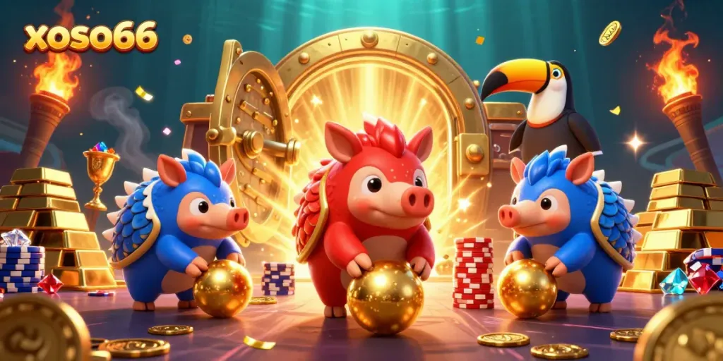 Experience thrilling gameplay with xoso66's vibrant 3D scene of pangolins rolling golden balls through poker chips.
