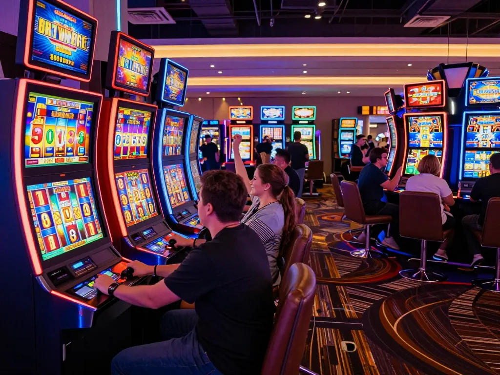 Players engaging with vibrant slot machines at XX88 casino, showcasing excitement and jackpot potential