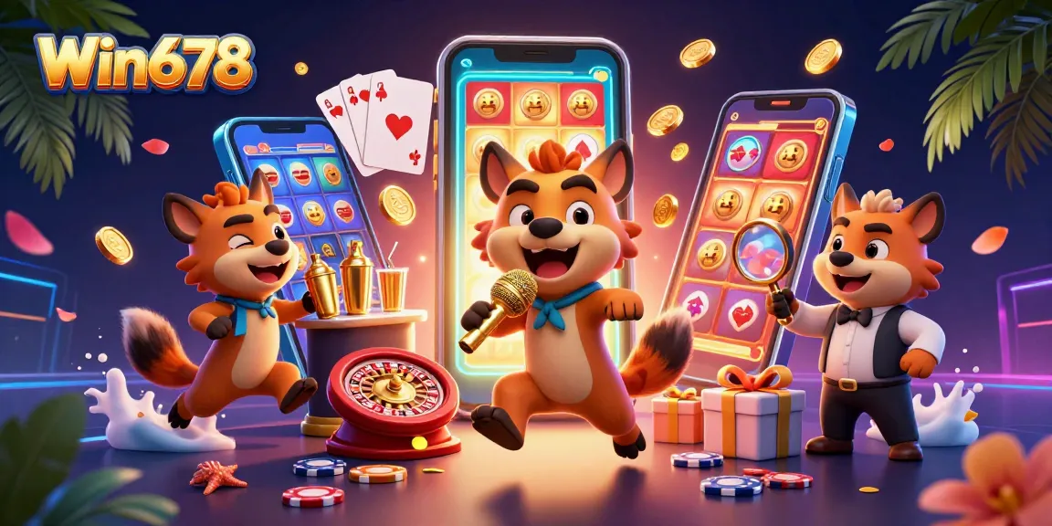 Win678 showcases playful hyenas running a comedy casino club amidst vibrant gaming elements.