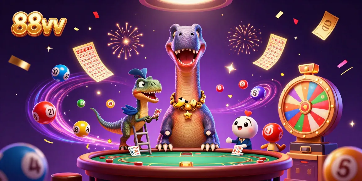 88vv showcases a vibrant casino scene with a playful brontosaurus, colorful lottery balls, and exciting game elements.