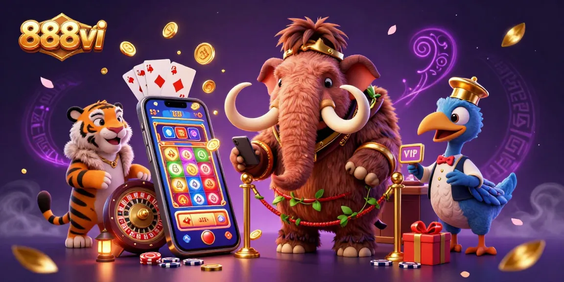 Experience thrilling gambling excitement at 888vi with a vibrant casino scene featuring unique characters and games.