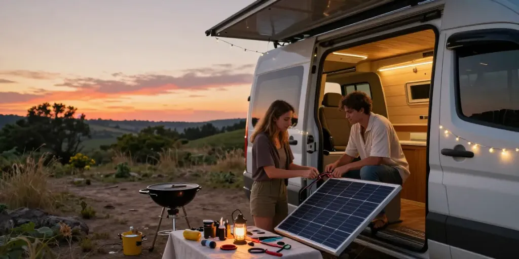 Couple working on campervan electrics as part of rokok88 link login preparations.