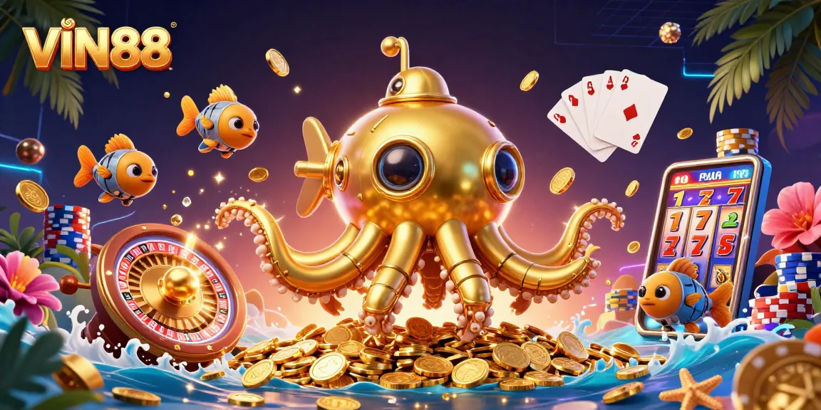 Experience the thrill of VIN88 with dynamic casino games and golden treasures emerging from a vibrant scene.