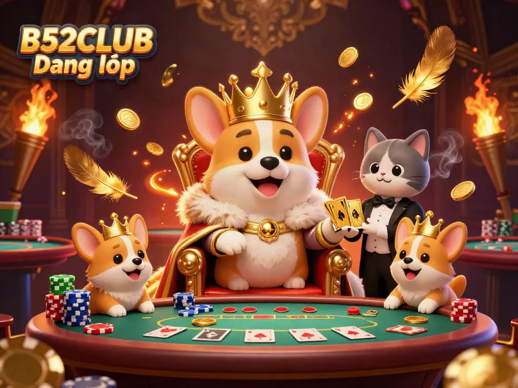 Engage with the vibrant B52CLUB Đăng nhập scene featuring a royal corgi on a throne surrounded by casino elements.