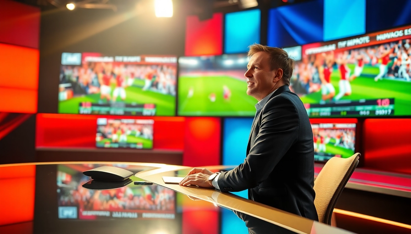 Engaging scene of sports broadcasting with a commentator analyzing live sports events.