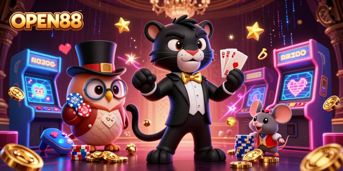 Engage in thrilling gameplay at OPEN88 with a stylish black panther dealer, surrounded by vibrant arcade games and poker elements.