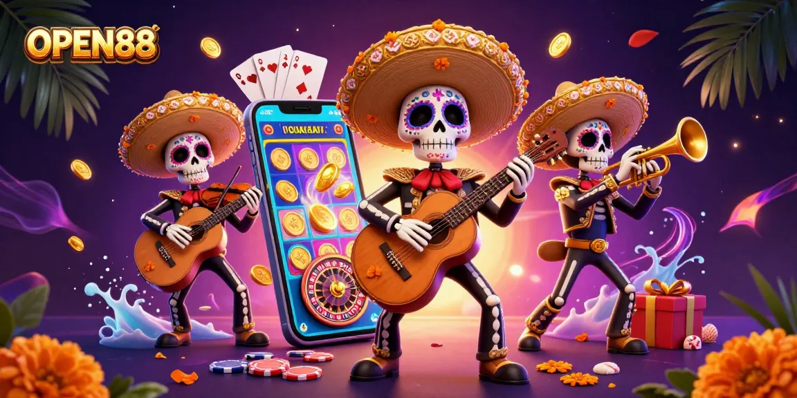 Experience thrilling games at OPEN88 with a vibrant mariachi band in a rich casino environment.