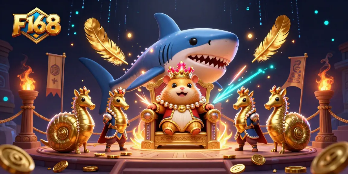 Win with F168 while enjoying a vibrant scene of a golden hamster king in a thrilling casino