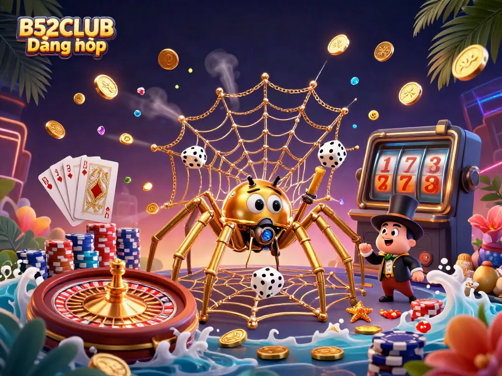 B52CLUB Đăng nhập: Steampunk spider and dice in a vibrant casino scene, showcasing dazzling game elements.